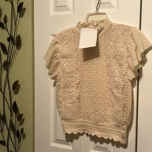 Ruffles Arm Lace Knit Sheer Top